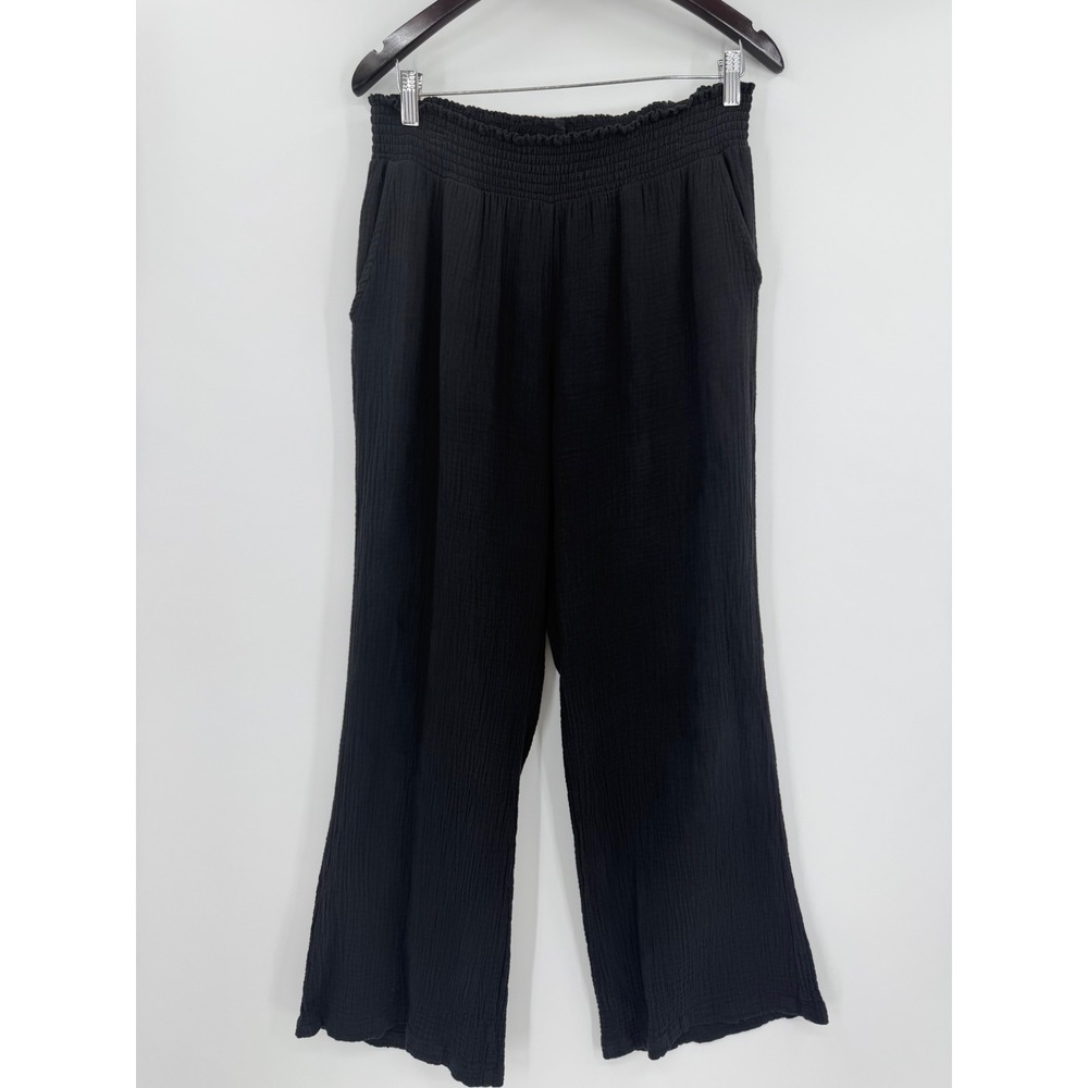 Evereve Black Cotton Gauze Wide Leg Smocked Waist Pants Large